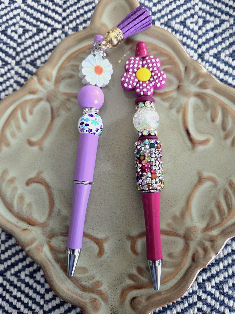 Set Of Floral Bead Tassel Pens - Purple and Magenta